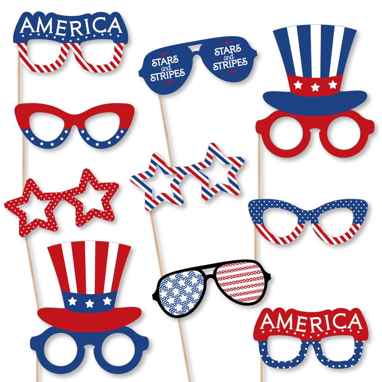 Big Dot of Happiness Patriotic Glasses - Paper Card Stock Memorial Day, 4th of July, or Labor Day USA Party Photo Booth Props Kit - 10 Count